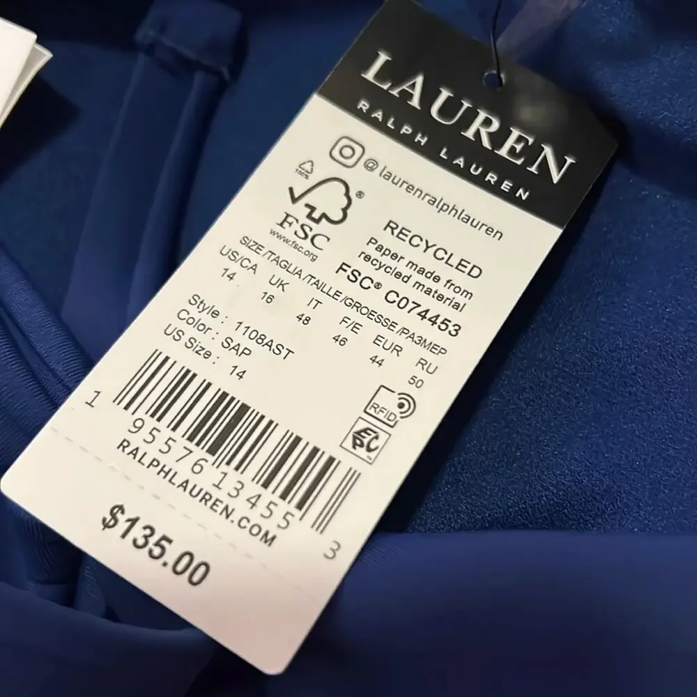 NWT $135 LAUREN Ralph Lauren Plus Sz 14 Sapphire Blue One‎ Piece Swimsuit Halter